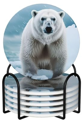 6 sottobicchieri con supporto per bevande, divertenti sottobicchieri per tazze, con animali freddi, orso polare bianco, sottobicchiere in ceramica per bevande, assorbenti, bar, birra, bevande, set di