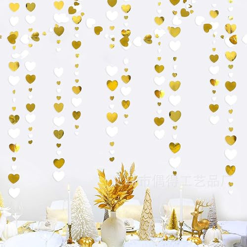 4 x 4m Wiederverwendbare Herz Papier Girlande Weiß Gold - Doppelseitige Metallic-Optik Papier Deko für Verlobung Deko, Hochzeitsdeko, Geburtstag, Partydekoration (Gesamtlänge 52 Fuß)​​ (Weiß und Gold)