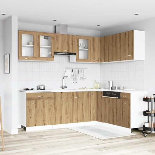 ACAGALA 11-TLG. Set di mobili da cucina ad angolo, blocco da cucina regolabile variabile, angolo cottura a forma di L, in legno di quercia artisiana, cucina completa, senza piano di lavoro, armadio da