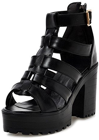 Onewus Damen Sandalen mit Blockabsatz - Römische Plateau Sandaletten aus Lackleder (Schwarz, 39)