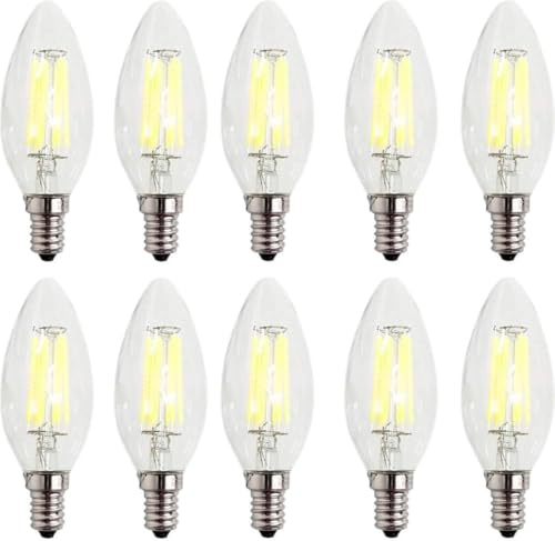 ZFQ E14 Kerze LED Lampe 6W Dimmbar, Entspricht 60W, Kaltweiß 6500K, 600LM, C35 Glühbirne Kerze, E14 Filament Fadenlampe, Transparentes Glas, für Kronleuchter, Wandlamp, AC 220V-240V, 10 Stück