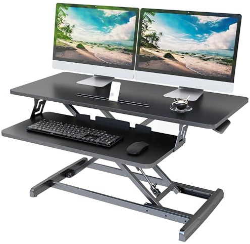 Lubvlook Standing Desk Converter, 36/91.5cm Wide Height Adjustable Sit Stand Desk Riser for Dual Monitors with Keyboard Tray, Black