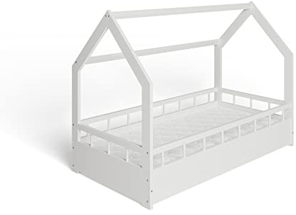 ms factory Hausbett mit Matratze Kinderbett 80x160 cm mit Rausfallschutz und Lattenrost - Einzelbett aus Kiefernholz für Mädchen und Junge - Weiß