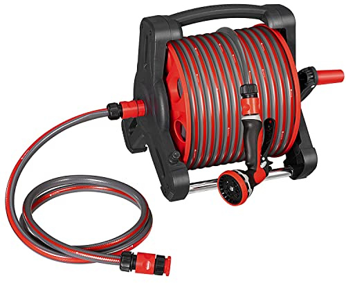 Juskys Schlauchtrommel mit 30 m Wasserschlauch und Multifunktionsbrause - Mobiler Schlauchaufroller mit Wandhalterung, Düse — Rot Grau