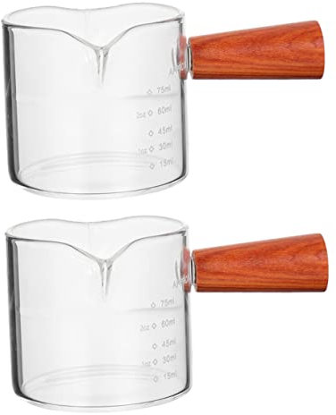 UPKOCH Taza Medidora De Espresso De Vidrio 75 Ml Con Mango De Madera y Doble Vertedor, Resistente y Graduada Onzas y Mililitros, Para Profesionales y Uso En Cafeterías, Juego De 2 Piezas