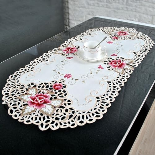Zoegneer Weiße ovale Spitzentischdecke, Tischläufer, Tischflagge, bestickt, kleine Tischdecke für Heimdekoration (1 Stück)