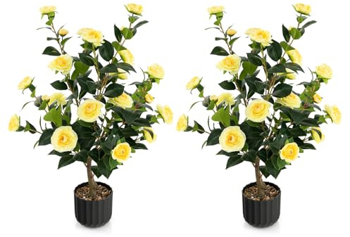 COSTWAY 95cm Árbol de Camelia Artificial con 24 Flores, Árbol Artificial en Maceta de Cemento, Planta Floral Artificial, Decoración Artificial para Hogar, Oficina, Casa, 2 Piezas (Amarillo)