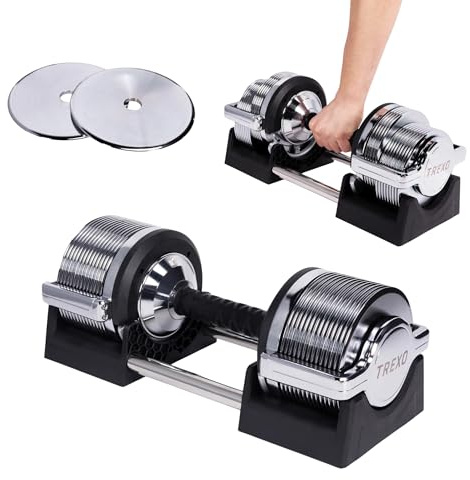 TREXO Manubri Regolabili Cromato 32 kg per l’Allentamento forza con 30 Livelli di Regolazione Dischi Palestra | Manubrio Regolabile Per Esercizi Fitness con l’Impugnatura Antiscivolo