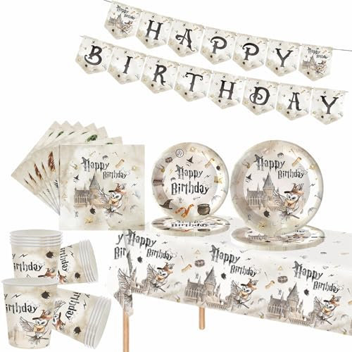 82pcs Sorcerer's Stone Birthday Party Tableware Set,Wizard Partys Dinnerware Magician Party Paper Cups Plates Napkins Tablecloth and HaryPoter Banner for Kids Adult Birthday Wizard PartyDecorate Kit
