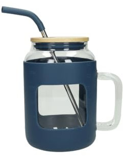 Brandani 51487 - Jarra curvada, de cristal, con pajita de acero inoxidable, silicona y tapón de bambú