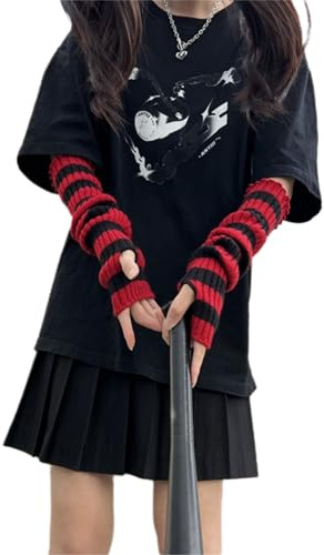 Pangogogo Gestreifte Armstulpen Damen, Punk Gothic Rock Handstulpen Damen, Y2K Lange Fingerlose
