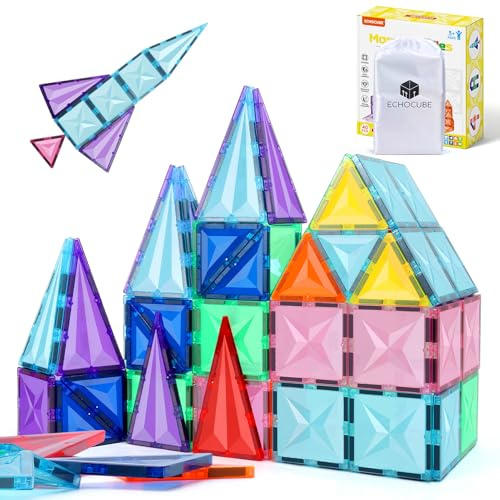 ECHOCUBE Magnetiska Byggklossar, 40 St Magnetiska Plattor, Magnetbyggklossar Magnetiska Tegelstenar, Pedagogiska Magnetiska Byggleksaker, Julklapp för Barn från 3 år och Uppåt