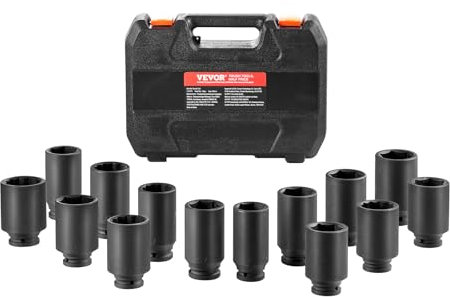 VEVOR Axle Nut Impact Socket Set, 1/2 Drive Deep 6+12-Point 14-Piece Metric Spindle Nut Socket Set, CR-V Heat Treated Large Socket Set with Storage Case, Auto Repair, Removing or Installing Axle Nuts