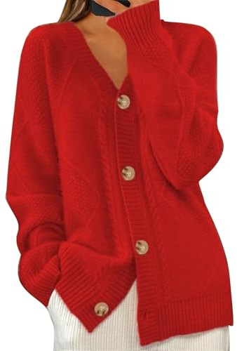 Cardigan Veste En Laine - Gilet Long Pull Chaud - Grosse Maille - Rouge M - Grande Taille