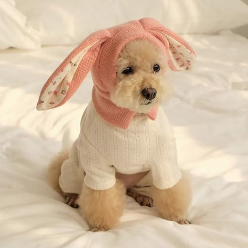 Rabbit Quiet Ears for Dogs, Pet Ear Muffs Noise Protection Knitted Dog Hats | Pet Warm Dog Ear Cover Winter Hat Dog Head Wrap Bunny Costume for Cats Pets (Pink, M)