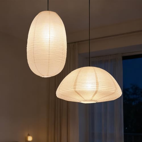 METHEDEECO Papier Lampenschirm 2er Set, Weißer Lampenschirm für Pendelleuchte, Großer Reispapier Schirm in Oval & Halbrund, 49 cm / 53 cm, Hängelampen-Schirm für Wohnzimmer Schlafzimmer