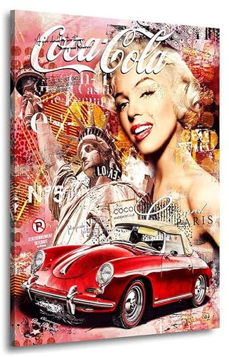Kunstgestalten24 | Marilyn Monroe Porsche Pop Art Coke Wandbild | Leinwandbild mit Echtholz-Keilrahmen | Wandbild Gemälde Kunst Art | Hochwertige Kunstdrucke | XXL Bilder auf Leinwand | 60x80x2cm