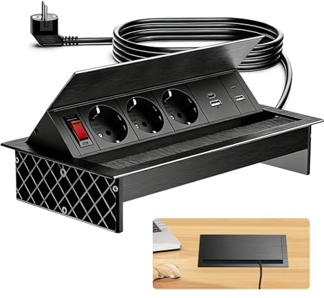 Multiprise Encastrable, Aluminium Prise Encastrable 3 Prises avec 2 Types C PD 30W et 2 USB, Bloc Prise Escamotable avec Interrupteur pour Cuisines Bureaux Salle de Réunion, 1.8M Câble