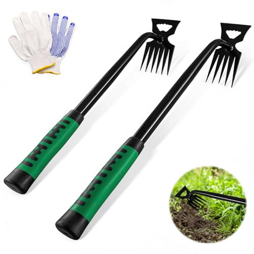 xuefenfei 2 Stück Gartenarbeit Hand Unkrautstecher, 5 Zähne und 6 Zähne Unkraut Entferner Gerät Edelstahl, Gartenwerkzeug Unkraut Entferner Gerät mit Handschuhe, Unkrautjäter mit Langem