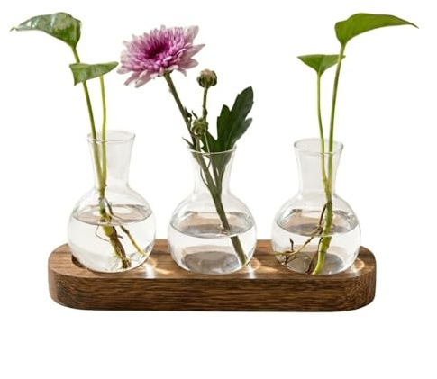 Everkeen Plant Propagation Station Indoor Glass Propagator with Vintage Wooden Pallet,3 Bulb Tabletop Glass Vase for Propagating Hydroponic, Living Room,Office,Garden,Festival Decoration