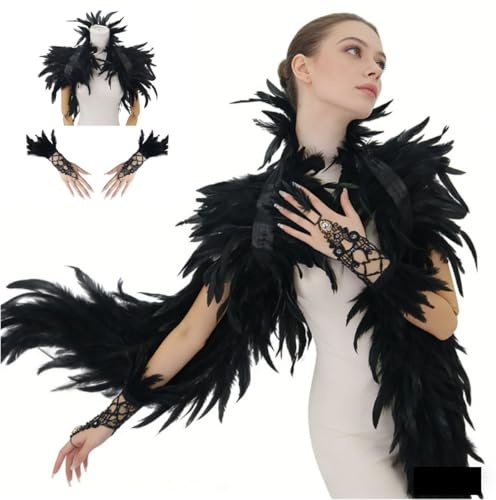 Federkragen Schwarz Pfau Kostüm Damen - Feder Umhang Black Swan Kragen Federumhang Federboa Rabenkostüm Maleficent Kostüm Rabe Vogel Gothic Karneval Kostüme Für Cosplay Party 1