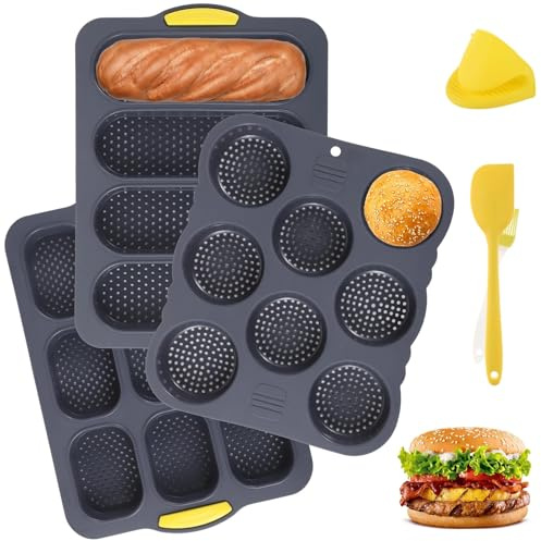 Vestamore 6 Pcs Set of Hamburger Bun Molds, 4/8/9-Cup Silicone Burger Bun Pans with Brush, Spatula, Grab Glove, Perforated Nonstick Baking Pans, Rectangular Loaf Molds, Safe Microwave Dishwasher