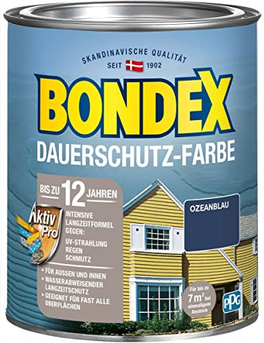 Bondex Dauerschutz Farbe Ozean Blau 0,75 L für 7 m² | Hervorragende Farbstabilität | Wetter- und UV-Schutz - bis zu 12 Jahre | Seidenglänzend | Dauerschutzfarbe | Holzfarbe