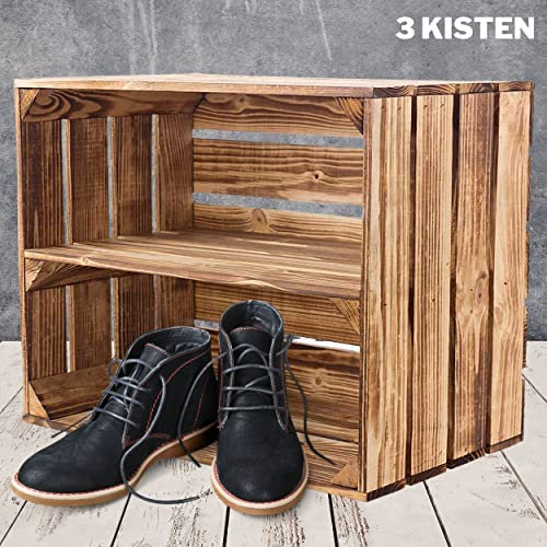 Vinterior 3er Set flambierte/geflammte massive Obstkisten als Regal mit Zwischenbrett/Mittelbrett Einlage 50cm x 40cm x 30cm (LxBxH) / Apfelkisten Weinkisten Holzkiste