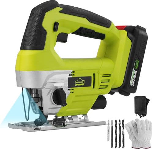 DEWINNER 20V Sierra de Calar inalámbrica, Sierra Caladora de Batería, 5 Hojas de Sierra,Luz LED,Corte en Bisel 45°,1 batería de 2,0 Ah, cargador y maletín en Caja