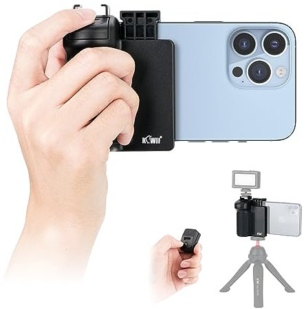 KIWIFOTOS Smartphone Camera Grip Holder with Detachable Bluetooth Camera Remote Control, Tripod Mount with Cold Shoe for iPhone Android Video and Selfie Filming
