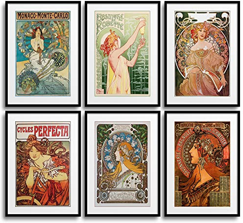 MONOKO® Alfons Mucha - Set di immagini Jugendstil, poster vintage, stampe artistiche da parete, per soggiorno, 6 x A4, senza cornice