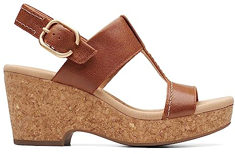Clarks Collection Women's Giselle Style Wedge Sandal, Tan Leather, 7.5 Medium US