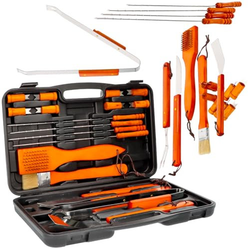 Avilia Set Accessori Barbecue 18 Pezzi in Acciaio e Legno - Valigetta Portatile con Kit Grigliata Completo con Attrezzi Barbecue Resistenti e Pratici