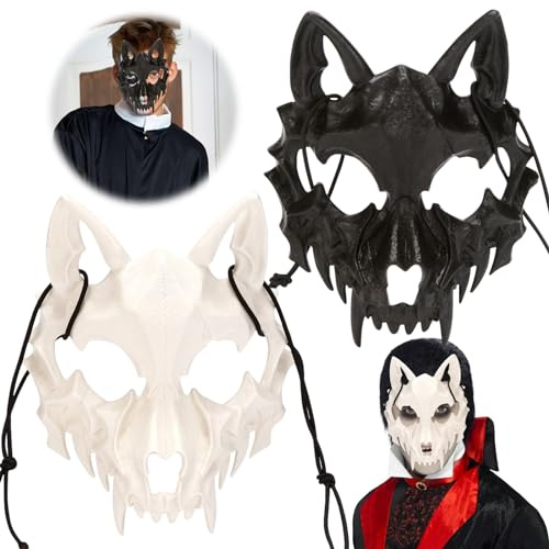 Schädel Motorrad Skelett Halbe Gesichtsmaske, 2 Stück Skelett Maske Halloween, Tier Maskerade Wolf, Vintage Wolf Kostüm Masken, Maske Skelett kinnlos für Karneval Fasching Kostüm Halloween Party