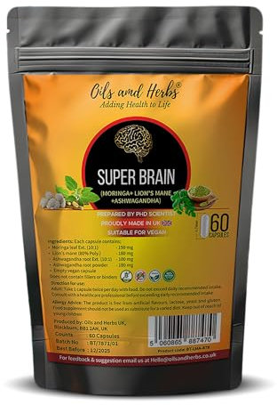 Super Brain- Moringa with Ashwagandha Lion Mane Mushroom 8600mg- 100% Natural- No Added Fillers or Binders- Boost Your brainpower and Enhance Mental Clarity