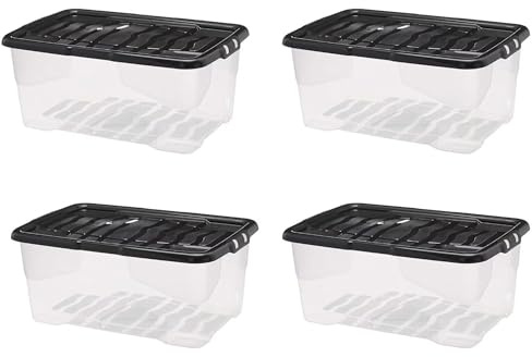 Pluto Packaging Pack Of 4 Multi Purpose 42 Litre Clear Storage Containers With Lids For Home Office & Schools With Black Lids