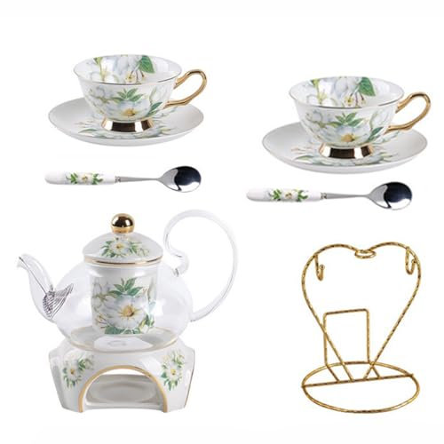 HSTWODE - 9-Piece European Flower Tea Set, Pattern Bone China Tea Set, Service Coffee Set, Heated Glass Teapot, for Gift and Household, Wedding (Camellia Blossom Pattern)