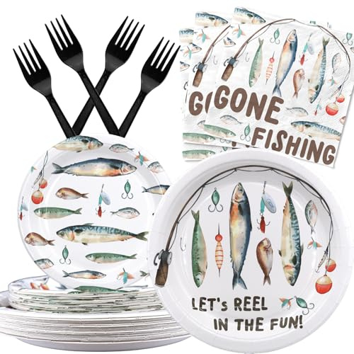 Gone Fishing Party Supplies Serves 20 - Let's Reel In The Fun Birthday Party Decorations for Boys, Little Fisherman Theme Tableware Set with Plates, Napkins and Forks