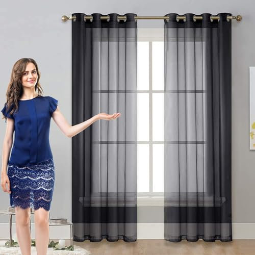 Gardinen Vorhang Durchlässig Curtains 100 x 70 cm Transparent Wohnzimmer Luftig Dekoschal, Waschbar, Kürzbar Thermovorhang Kälteschutz, Lärmschutzvorhang für Hochzeit Fenster Wohnzimmer, Schwarz