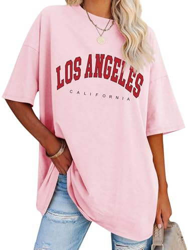Dresswel överdimensionerad t-shirt damer Kalifornien bokstavstryck vintage t-shirt kortärmad rund hals sommar toppar lös blus lång tunika topp för tonåringar flickor, 1 ljusrosa, XXL