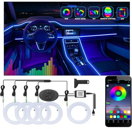 5 in 1 Car Led Strip Lights with App Control, RGB Colors Interior Car Lights, Ambient Led Lighting Kit, 4 Light Flashing Modes, USB Neon Accessories for Doors, Center Console