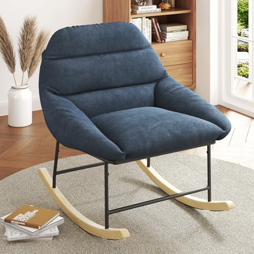 Meskanu Bequemer Schaukelstuhl für das Kinderzimmer Schaukelstuhl mit Sherpa-Fleece-Polsterung, tiefem Sitz, gepolsterter Sitzfläche und Breiten Armlehnen für Wohnzimmer, Schlafzimmer und Büro, Blau