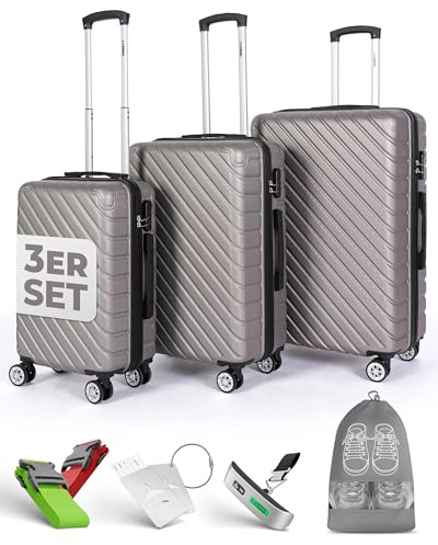 Onbest 3er Kofferset XXL Komplettpaket – Sichere und leichte ABS Hartschalenkoffer 20 24 28 mit Rollen – Reisegepäck Set: Reisekoffer, Trolley, Rollkoffer inkl. digitaler Kofferwaage (Champagner)