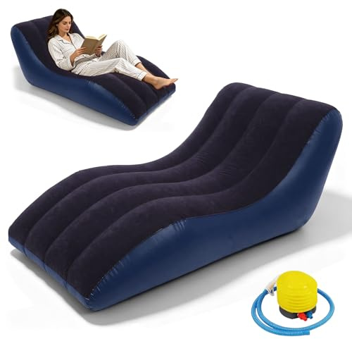 Bocguy Aufblasbarer Sessel, Luftsessel Outdoor, Luftsofa mit Luftpumpe, PVC Inflatable Sofa, Aufblasbare Liege mit Beflockter Oberfläche für Drinnen Draußen Zuhause Camping Picknick Strand(Dunkelblau)