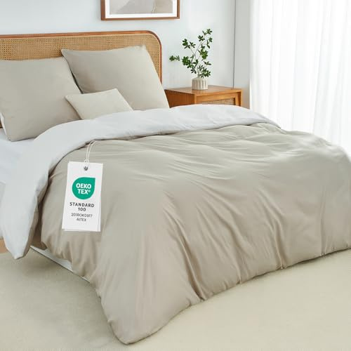 Duvetnova Double Duvet Cover Set Reversible Soft Brushed Microfiber Bedding Set Beige/White with Zipper Closure OEKO-TEX Wrinkle-Free 200x200cm with 2 Pillow Cases