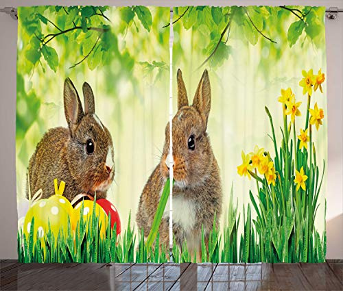 ABAKUHAUS Osterhase Rustikaler Vorhang, Ostern Kaninchen, Wohnzimmer Universalband Gardinen mit Schlaufen und Haken, 280 x 175 cm, Farngrün