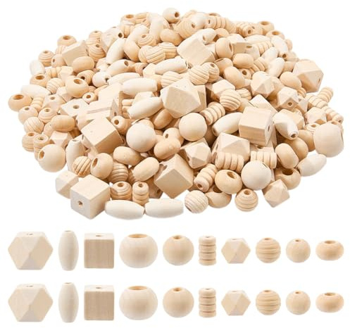 PandaHall 250g Verschiedene Natürliche Holzperlen Round & Cube & Polygon & Column Geometrische Perlen mit Loch Spacer Beads Unvollendete Lose Holzperlen Für Schmuckherstellung von Armbandketten
