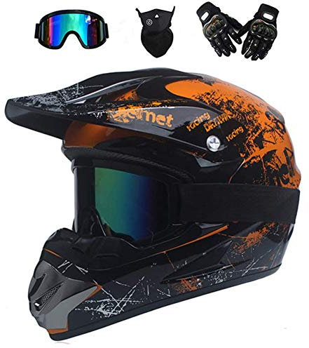 UIGJIOG Motorradhelm,Motocross Helm,Helm Kinder,Helmets Kinder-Cross-Helm, Road Helm mit Handschuhe Maske Brille, ATV Helm,Orange,S(52~53cm)