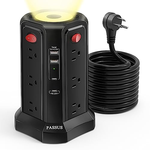 Long Surge Protector Power Strip 16 FT Cord, PD20W USB C Power Strip Tower with Night Light, Extension Cord with Multiple Outlets with 4 USB Ports, PASSUS Charging Station Home Office Essentials Black