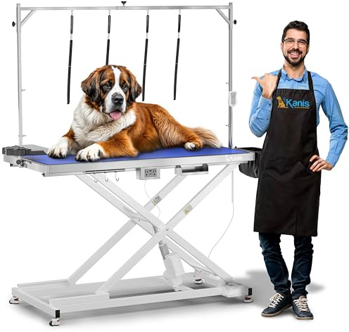 KANIS Professional Electric Dog Grooming Table - Heavy Duty, Height Adjustable Pet Grooming Table w/Leveling Wheels, Grooming Arm, Anti Slip Tabletop & Tool Organizer/Dog Grooming Station (60, WHITE)